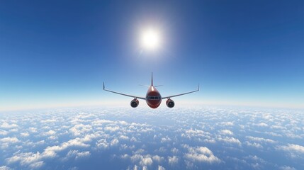 Fototapeta premium A passenger plane flying high over a sea of clouds, with the bright blue sky above and the distant horizon fading into a soft gradient.