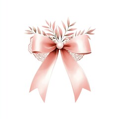 Fototapeta premium Elegant pink ribbon bow adorned with delicate leaves, perfect for decorative occasions, weddings, and festive celebrations.