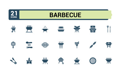 Grill And BBQ icons in filled style. Containing grill, hot, kitchen, bbq, grill bbq, fish and more. Set of solid pictogram. Vector icons editable glyph.
