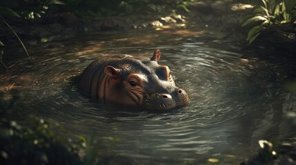 Fototapeta premium A pygmy hippo partially submerged in a muddy pond, with only its head visible, showcasing its love for water and cooling off.