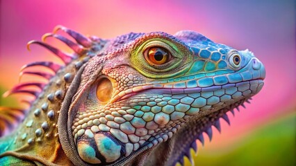 Fototapeta premium Closeup Portrait of Iguana Lizard on Light Pink Background - Stunning Long Exposure Photography