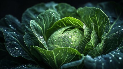 Obraz premium 2410_089.crisp cabbage layers, sparkling water pearls, deep focus image, chiaroscuro effect, freshness concept, raw food photography, leaf architecture, dark food styling