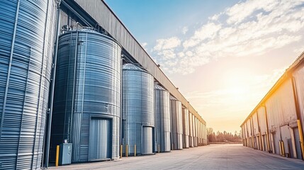 A row of large metal silos standing beside a modern warehouse, with clear blue skies in the background and neatly organized surroundings.
