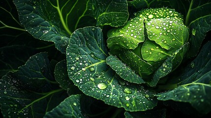 Fototapeta premium 2410_087.dewy cabbage leaves, water droplets on foliage, extreme close-up, dramatic lighting, deep shadows, botanical study, agricultural imagery, wet surface reflections