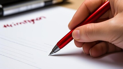 A person is writing on a piece of paper with a red pen