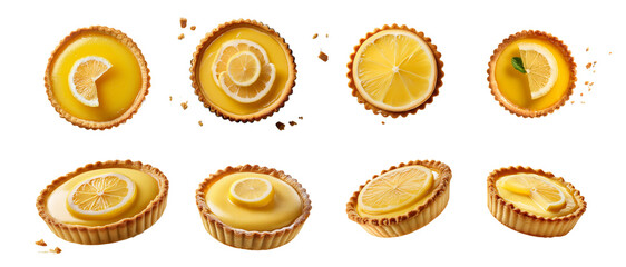 Assorted lemon tarts displayed on a white background, garnished with lemon slices and mint leaves.