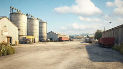 Obraz premium A silo warehouse facility with massive metal silos, clean industrial surroundings, and an open yard, set under a bright, cloudless sky.