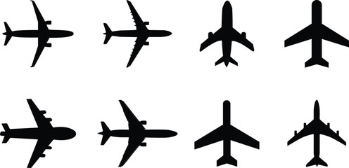Airplane silhouette vector icon set, Black airplane logo silhouette