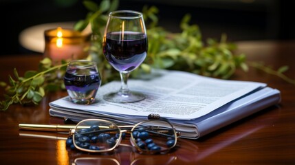 A glass of purple wine sits on a table next to a book and a pair of glasses