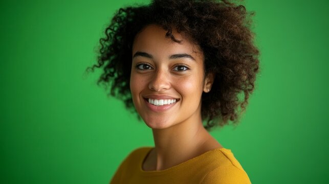 A smiling person with curly hair leans slightly forward engaging the viewer.
