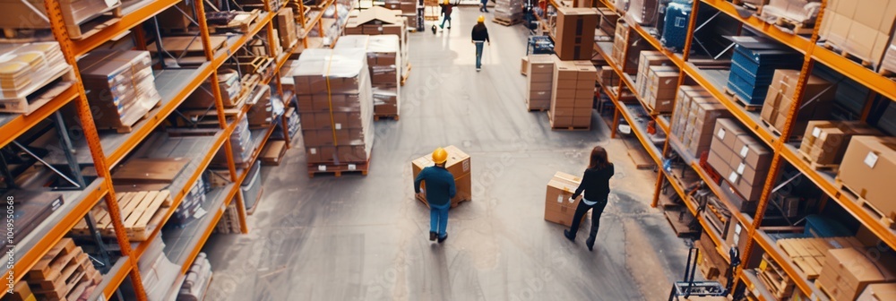 Fototapete Warehouse workers are transporting boxes and pallets while navigating through aisles filled with shelves stocked with various products. Generative AI