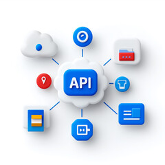 3D illustration of API integration with cloud computing and digital networking icons, visualizing technology and data connectivity.