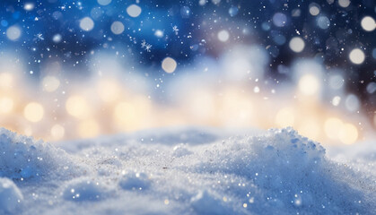Fototapeta premium Close-up small snow drifts and holiday lights blurry background. Generative Ai 