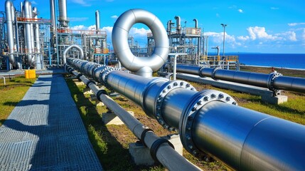 A wide view of a metal gas pipeline crossing through a coastal area, with the sea in the distance and the pipeline leading toward an industrial plant.