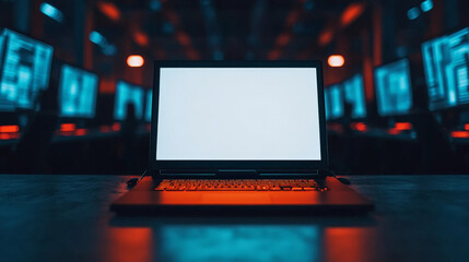 Cyberpunk Laptop Mockup: Sleek laptop with blank screen in a futuristic, neon-lit server room. Ideal for showcasing software, websites, or technology.  