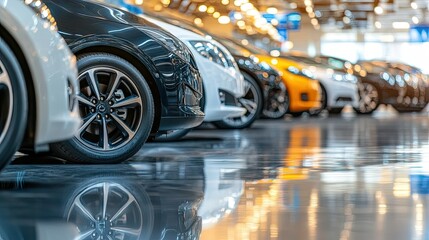 Car tires of different sizes and brands stacked neatly in a spacious automotive store, highlighting selection, variety, and customer choice.