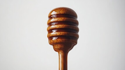 Close-up of a wooden honey dipper fully coated in thick, rich honey, with drops forming at the tip against a pure white background.