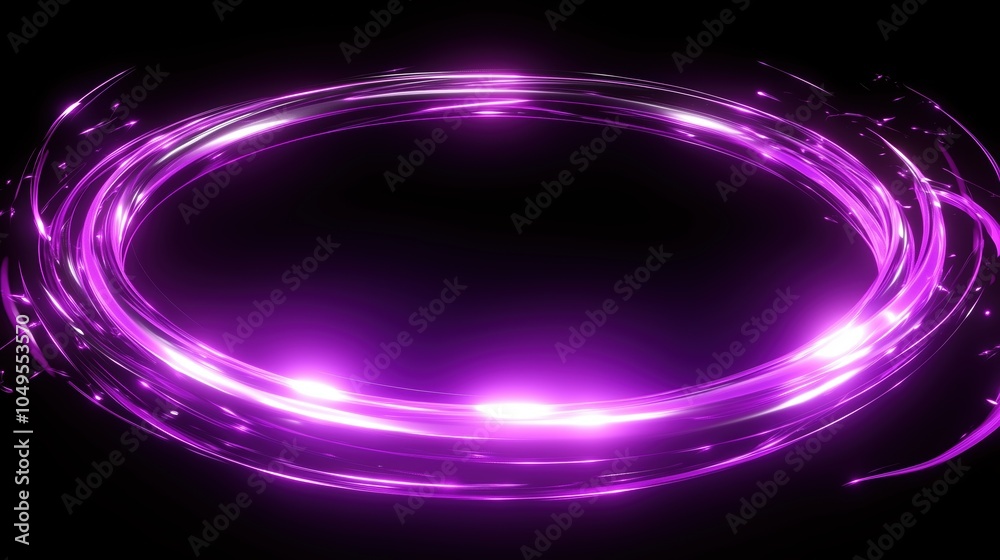 Poster abstract glowing neon purple light ring with dynamic energy effects and sparks on a dark background.