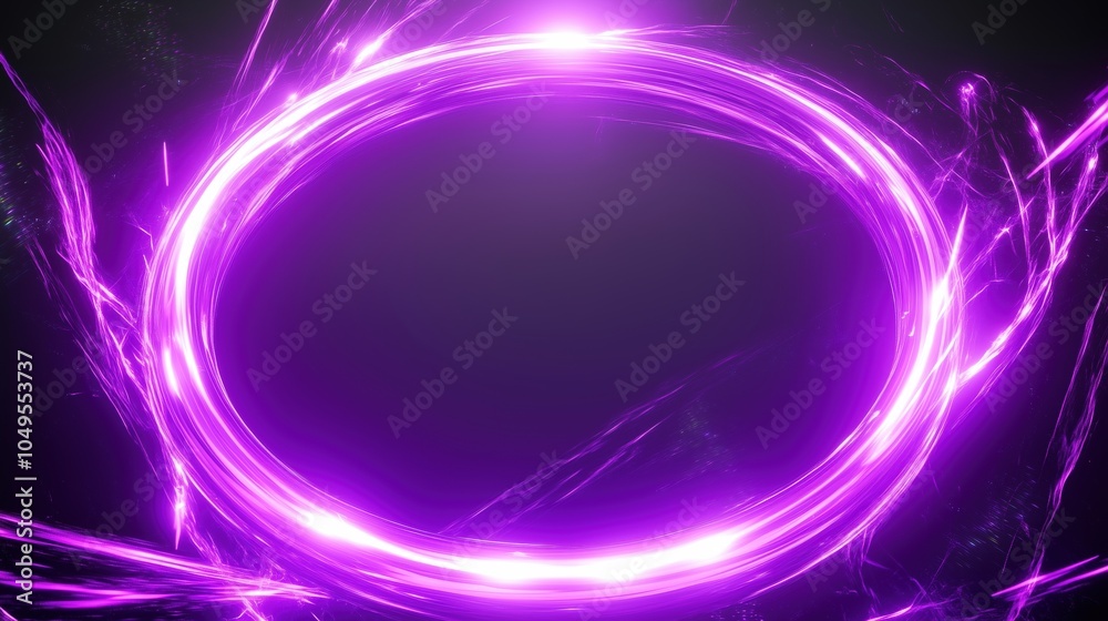 Poster abstract glowing neon purple light ring with dynamic energy effects and sparks on a dark background.