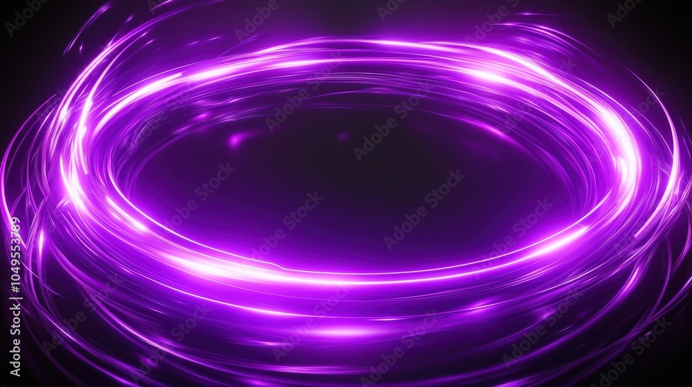 Poster abstract glowing neon purple light ring with dynamic energy effects and sparks on a dark background.