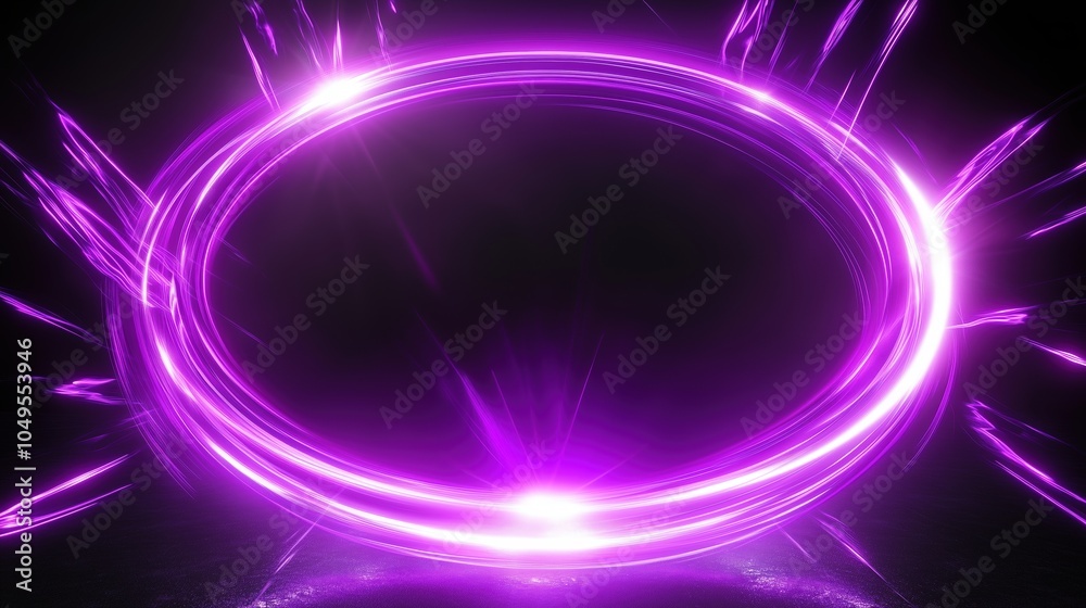 Poster abstract glowing neon purple light ring with dynamic energy effects and sparks on a dark background.