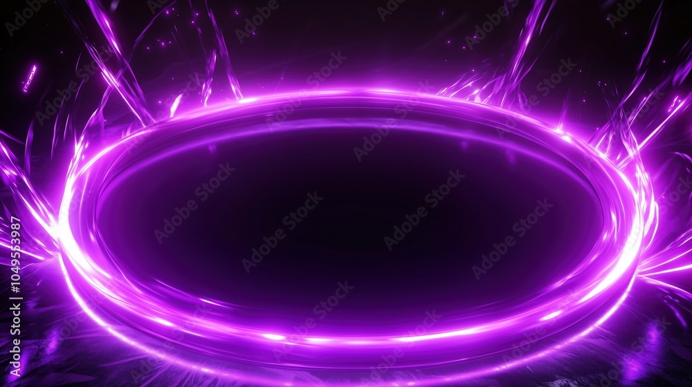 Aufkleber Abstract glowing neon purple light ring with dynamic energy effects and sparks on a dark background. The circular frame creates an intense, futuristic aura with a vibrant, empty center, ideal for digi