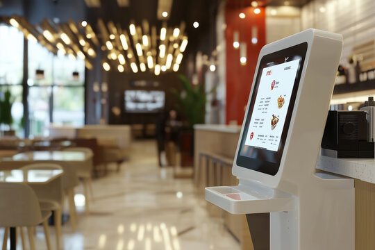 White self-service kiosk in modern design as a focal point in the restaurant with a minimalist background