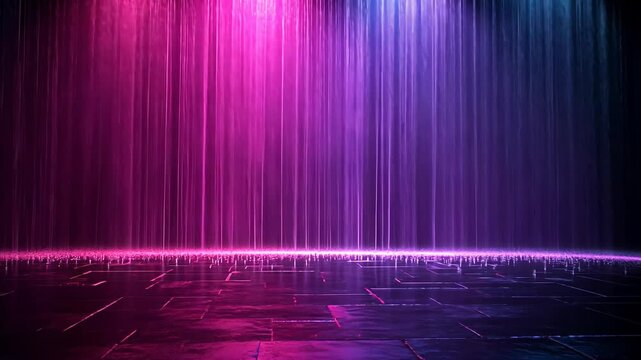 Vibrant Neon Waterfall Display on Reflective Surface