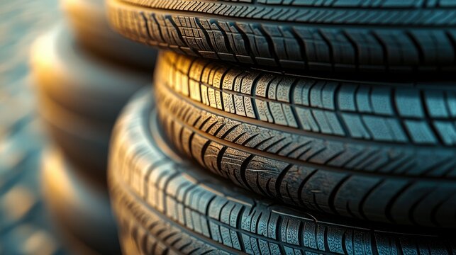 Stacked car tires of different sizes and brands, displayed in a spacious and well-organized tire shop, showcasing variety and quality.
