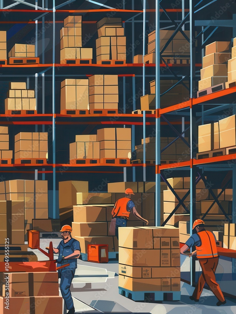 Poster workers are actively organizing and transporting boxes and pallets throughout a bustling warehouse e
