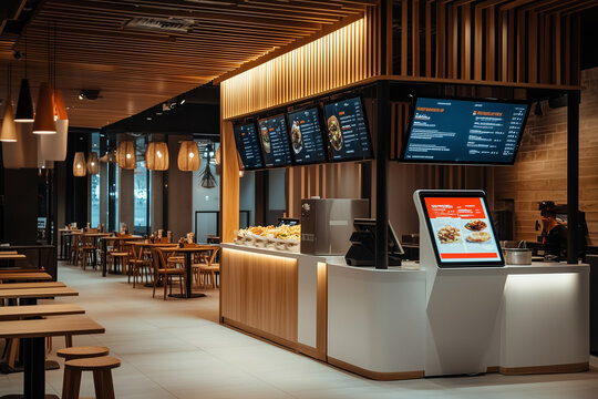 White self-service kiosk in modern design as a focal point in the restaurant with a minimalist background