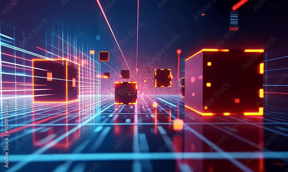 Poster abstract digital background with glowing data streams and floating cubes, representing the future of