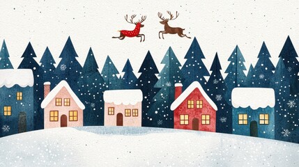 Fototapeta premium A whimsical, winter scene with colorful houses covered in snow, surrounded by pine trees, and reindeer flying above in a festive atmosphere.