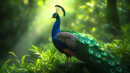 Obraz premium A majestic peacock appearing amidst the lush greenery
