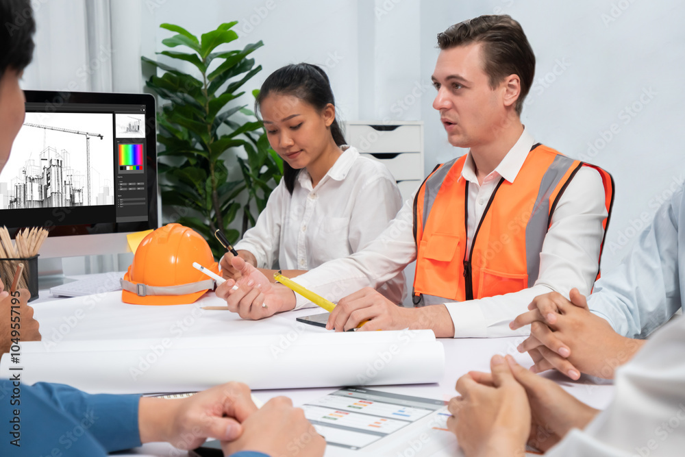 Aufkleber diverse group of civil engineer and client working together on architectural project, reviewing cons