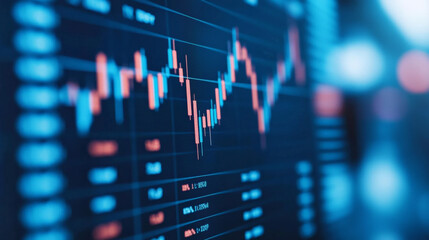 Market Trend Analysis: Blue-toned close-up shot of a computer screen displaying dynamic stock market data, highlighting fluctuating graphs and numerical figures.