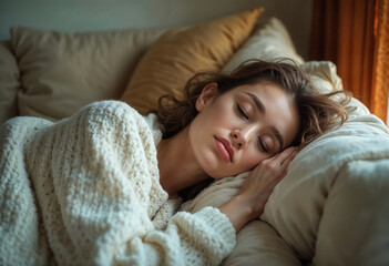 Pretty, sleepy young woman resting on sofa in warm, cozy home, enjoying peace, relaxation, sleeping during day, lying on side, suffering from insomnia, sleep disorder at night.