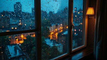 A window with raindrops, showcasing a blurred view of a city skyline in the background.