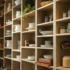 A cozy kitchen scene highlighting shelves filled with colorful dishes and bowls, creating an inviting atmosphere for cooking.