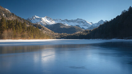 Scenic view of a frozen lake surrounded by snow-covered mountains and trees
