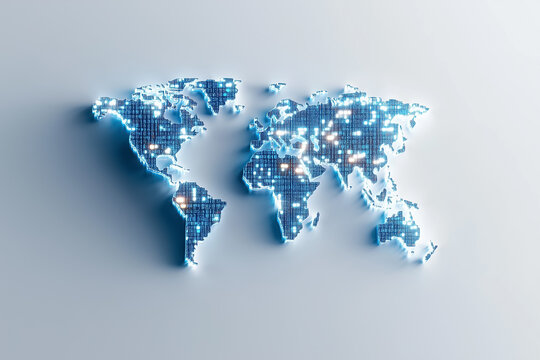 A digital world map in binary, highlighting data connections glowing across continents