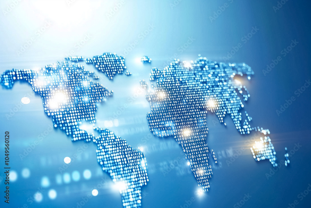 Poster An abstract visualization illustrates a world map crafted from luminous binary code, symbolizing digital connectivity