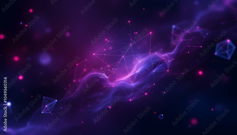 Poster Abstract purple background with connecting dots and lines. Structure and communication. Abstract science geometrical network background. Technological background.