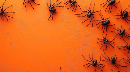 3D spiders crawl, 3D top view. Orange background. Scary, creepy. Halloween concept.