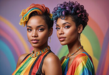 Obraz premium closeup portrait of two fashionable joyful black woman with short haircut and rainbow hair in rainbow dress on pure rainbow background cinematic light