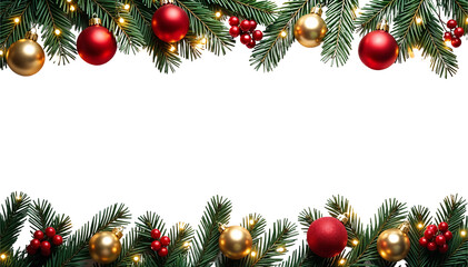 Festive Christmas Decorations with Pine Branches and Colorful Ornaments Holiday Border Transparent PNG