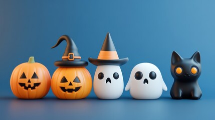 Obraz premium 3D Halloween elements set. carved pumpkin, white scary ghost, black evil cat.