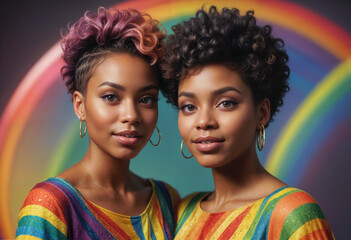 Obraz premium closeup portrait of two fashionable joyful black woman with short haircut and rainbow hair in rainbow dress on pure rainbow background cinematic light
