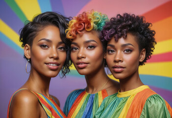 closeup portrait of two fashionable joyful black woman with short haircut and rainbow hair  in rainbow dress on pure rainbow  background cinematic light