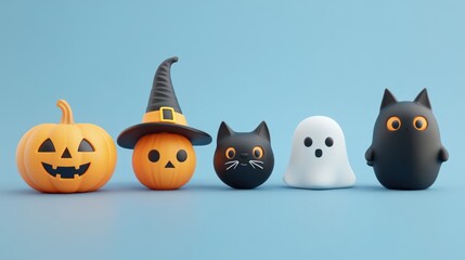Obraz premium 3D Halloween elements set. carved pumpkin, white scary ghost, black evil cat.